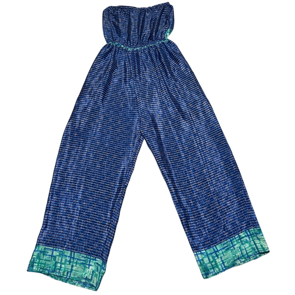 ETC Strapless Paisley Jumpsuit One Size Blue Aqua Wide Leg Tassel Waist - Picture 3 of 11